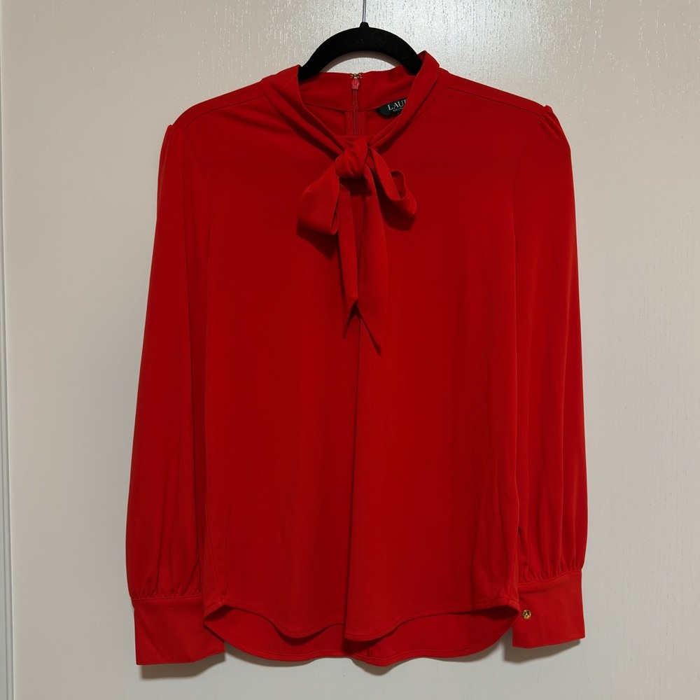 Lauren Ralph Lauren Red Neck Tie Jersey Blouse Size PM|M